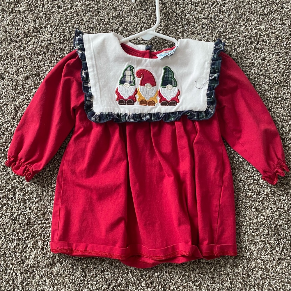Busy Bee Smock Red Long Sleeve Dress with Gnome Embroidery